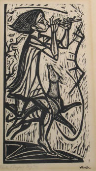 Flute Player & Dog #2, a monochrome woodcut by Irving Amen