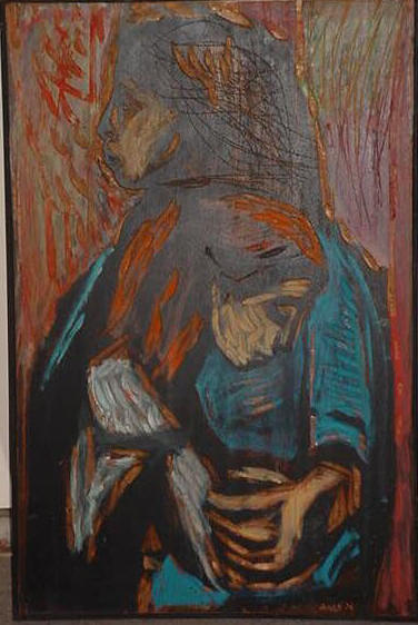 Carved and Painted Wood Relief "Mother and Child Hugging"
